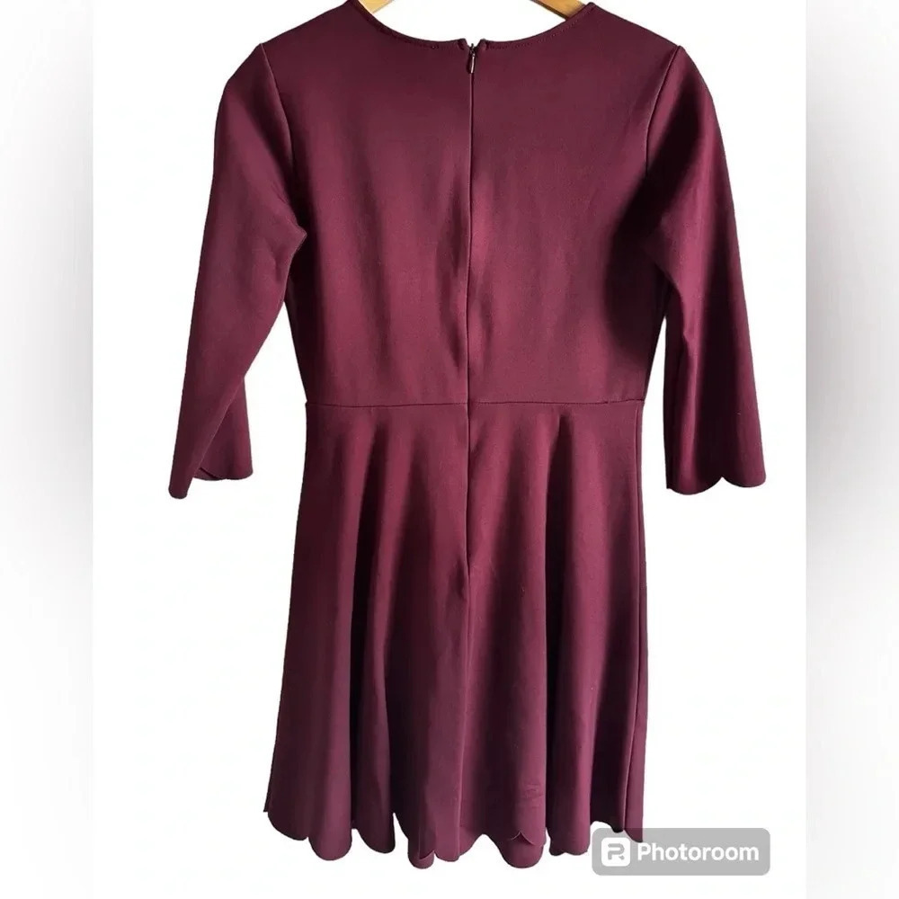 Lulus Cumulonimbus Clouds mini Burgundy Skater Dress scalloped trim Sz M - Picture 2 of 7